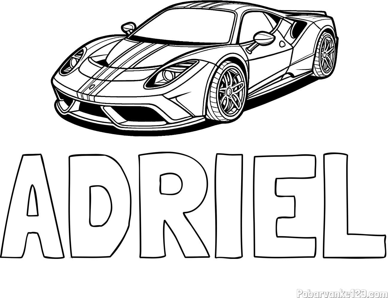 Pobarvanka imena ADRIEL in pobarvanka čudovitega športnega avtomobila