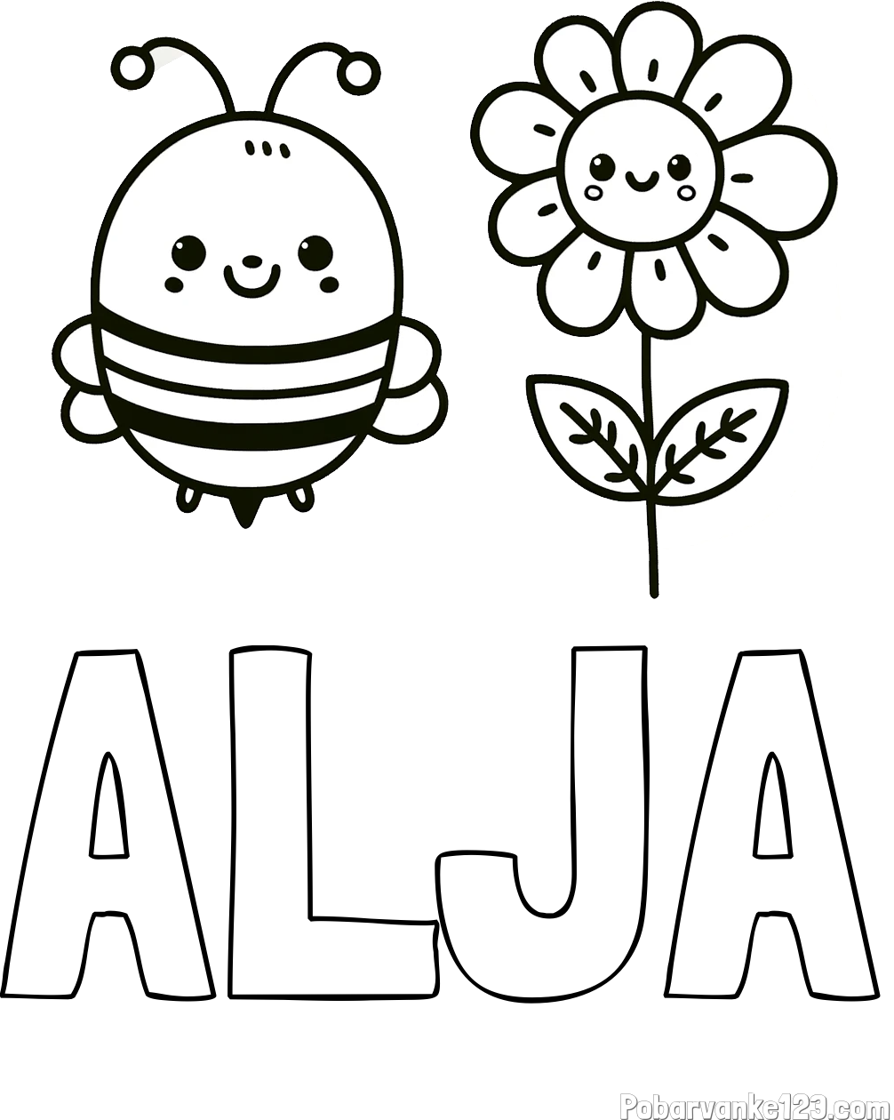 Pobarvanka imena ALJA in pobarvanka ljubke čebelice in nasmejane rože