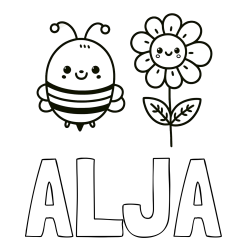 Online izdelana pobarvanka - Pobarvanka imena ALJA in pobarvanka ljubke čebelice in nasmejane rože