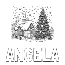 Online izdelana pobarvanka - Pobarvanka imena ANGELA in pobarvanka zasnežene hiške na božično noč