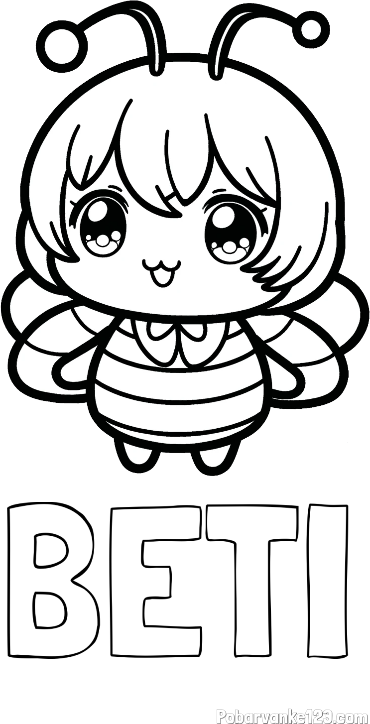 Pobarvanka imena BETI in pobarvanka čebelice v stilu anime