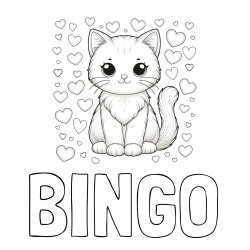 Online izdelana pobarvanka - Pobarvanka imena BINGO in pobarvanka ljubke mucke obdane s srčki