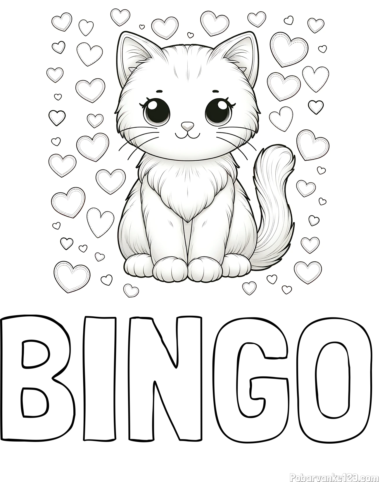 Pobarvanka imena BINGO in pobarvanka ljubke mucke obdane s srčki