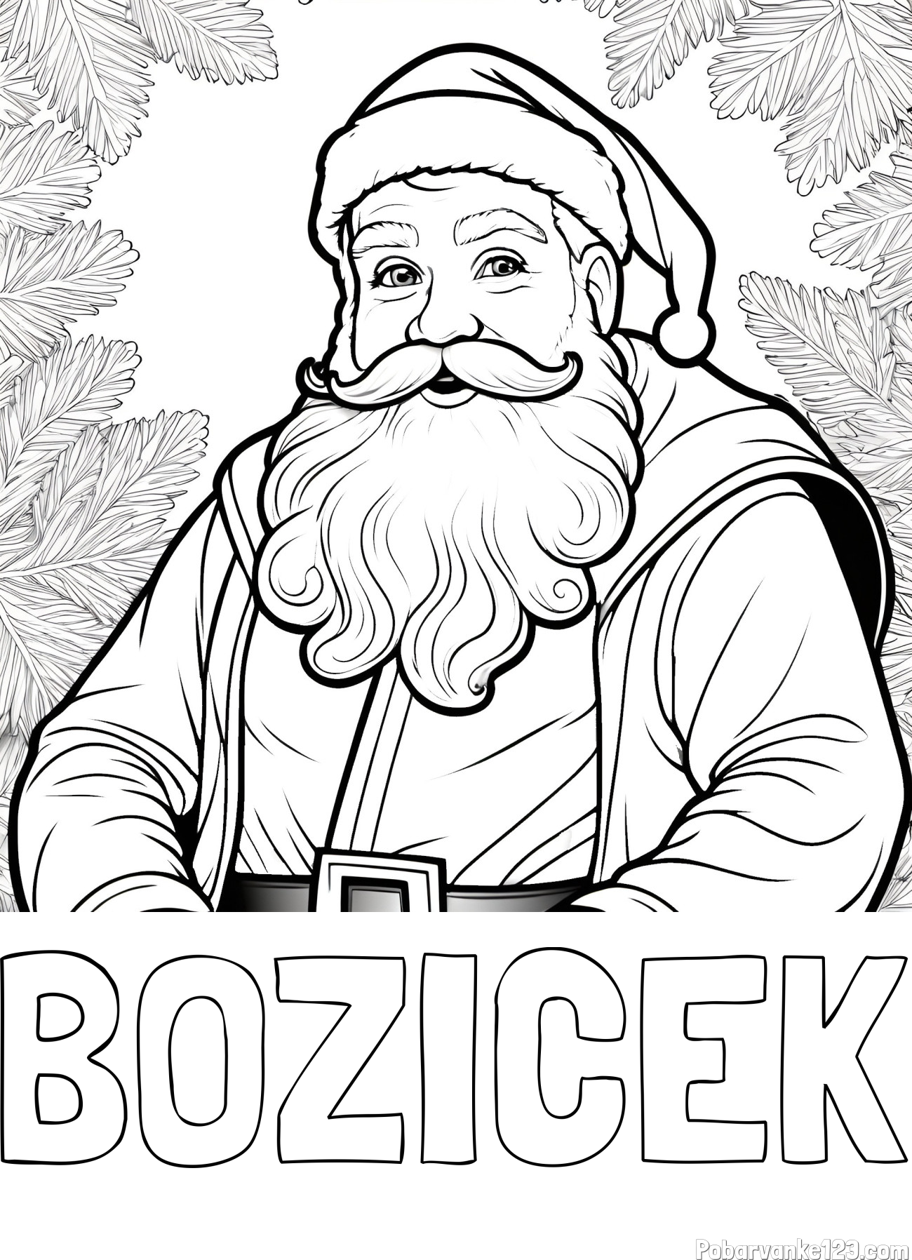 Pobarvanka imena BOŽIČEK in realistična pobarvanka božička obdanega s smrekovimi vejami