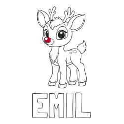 Online izdelana pobarvanka - Pobarvanka imena EMIL in pobarvanka nasmejanega jelenčka Rudolfa