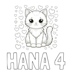 Online izdelana pobarvanka - Pobarvanka imena HANA 4 in pobarvanka ljubke mucke obdane s srčki