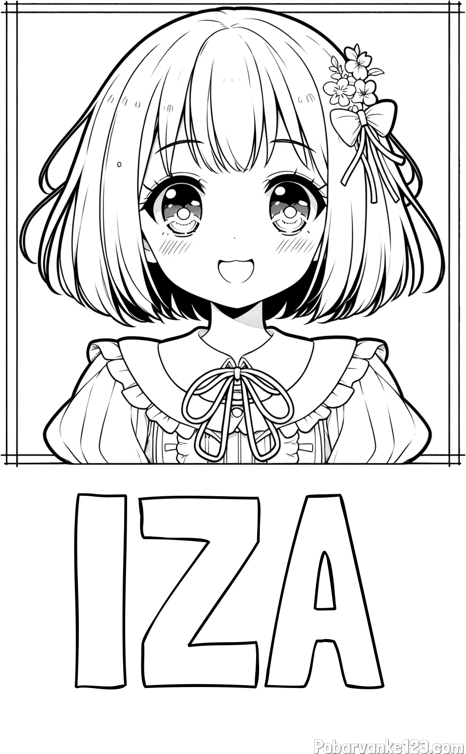 Pobarvanka imena IZA in pobarvanka ljubke punčke v anime slogu