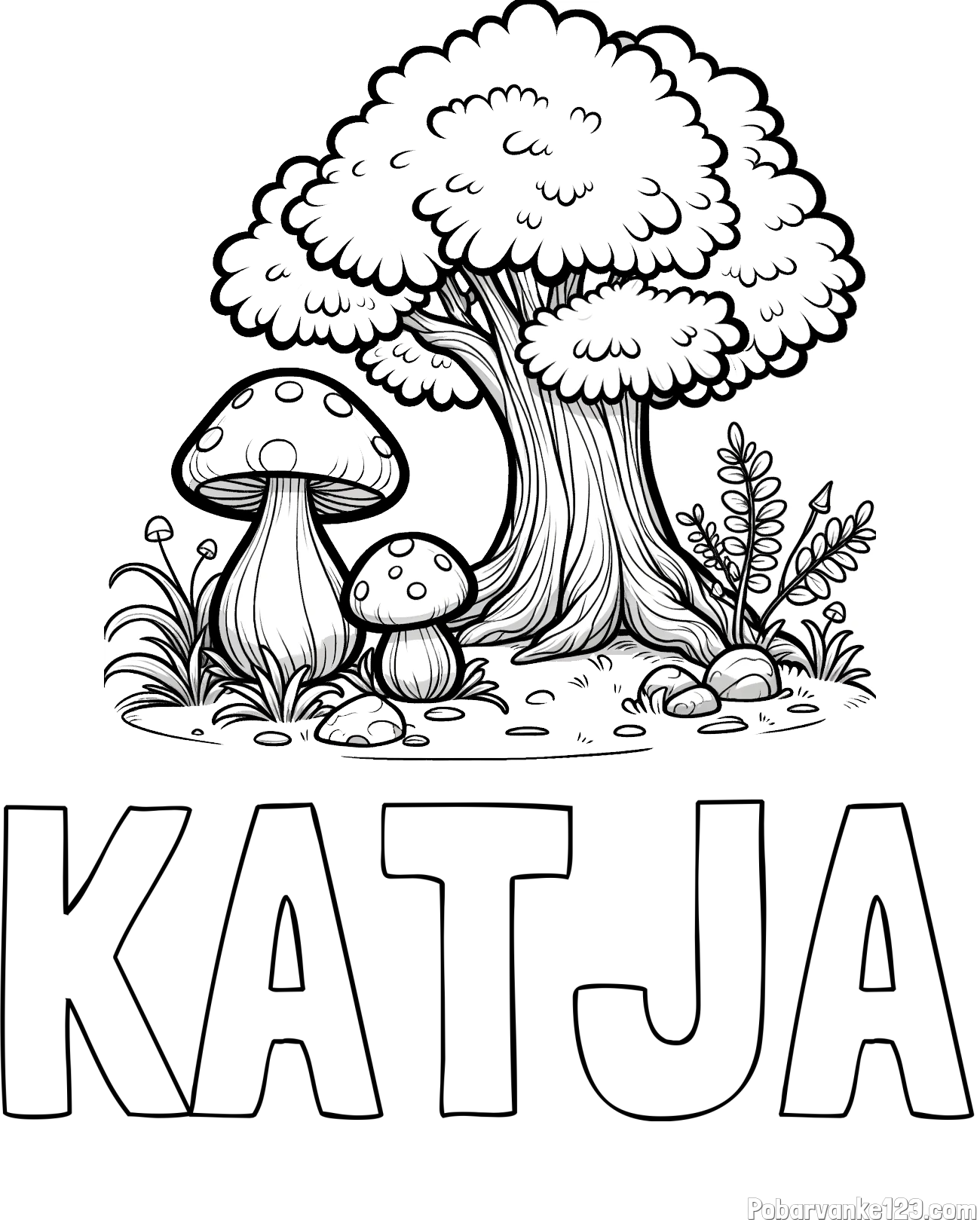 Pobarvanka imena KATJA in pobarvanka velike gobe ob drevesu