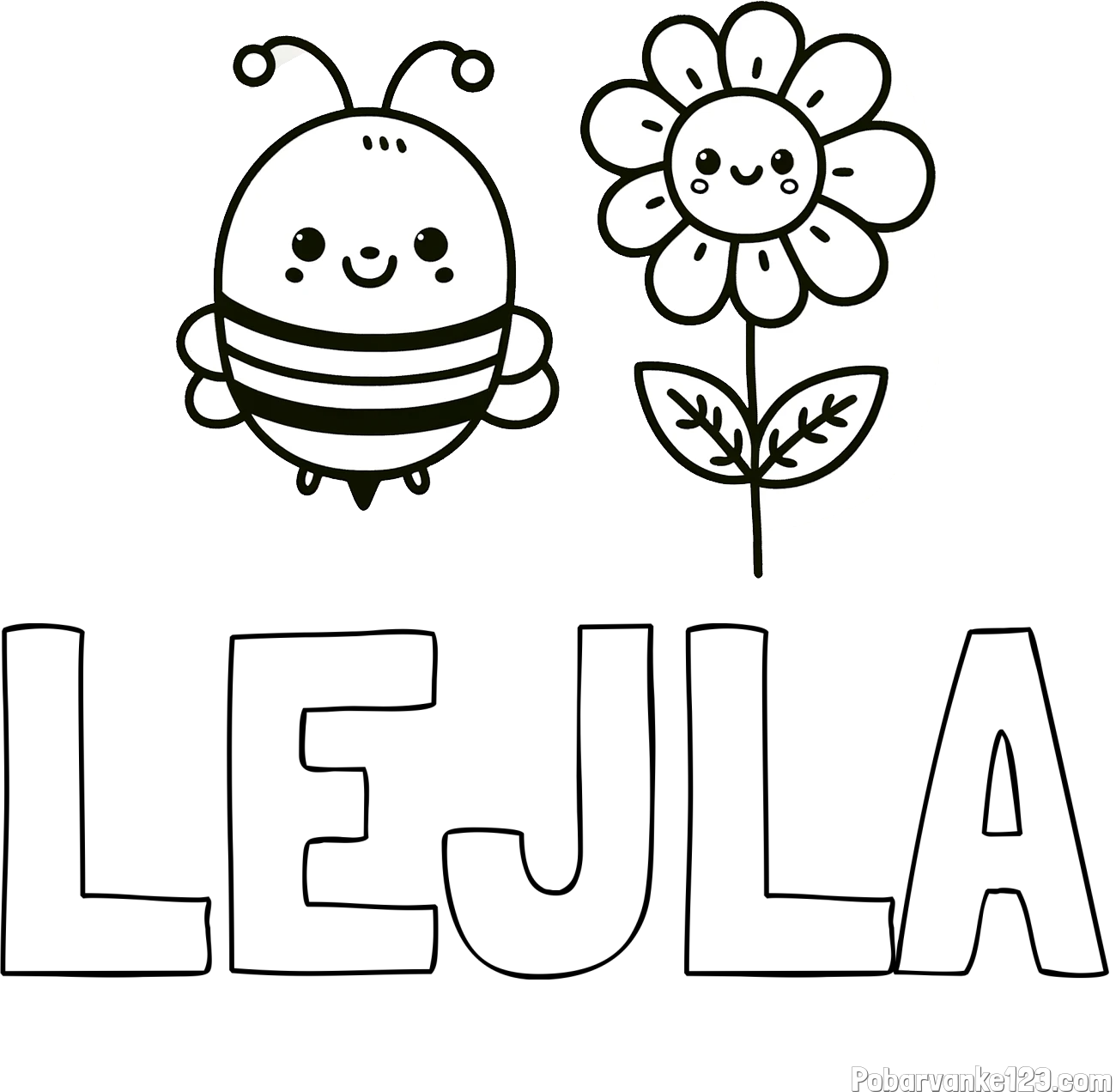 Pobarvanka imena LEJLA in pobarvanka ljubke čebelice in nasmejane rože