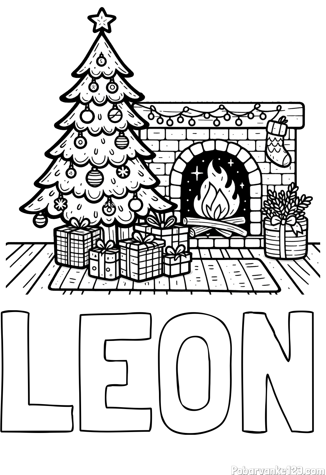 Pobarvanka imena LEON in pobarvanka božične noči z božično smrečico, darili ter kaminom