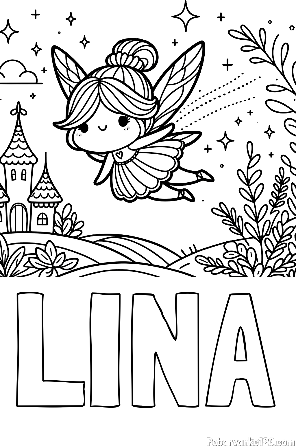 Pobarvanka imena LINA in pobarvanka čarobne vile, ki leti nad pravljično pokrajino