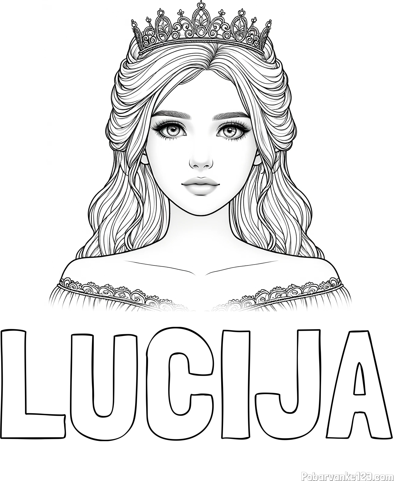 Pobarvanka imena LUCIJA in pobarvanka prikupne princeske s čudovitimi očmi