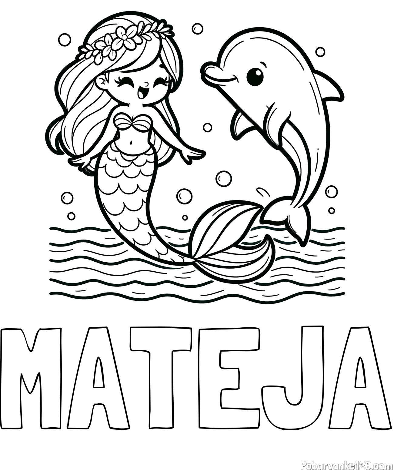 Pobarvanka imena MATEJA in pobarvanka ljubke morske deklice, ki pleše z delfinom