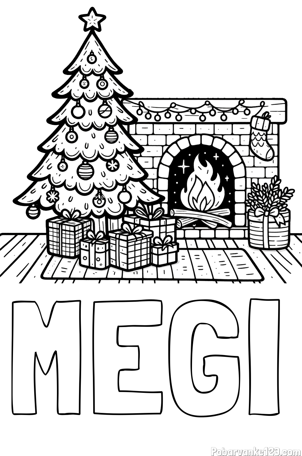 Pobarvanka imena MEGI in pobarvanka božične noči z božično smrečico, darili ter kaminom