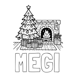 Online izdelana pobarvanka - Pobarvanka imena MEGI in pobarvanka božične noči z božično smrečico, darili ter kaminom