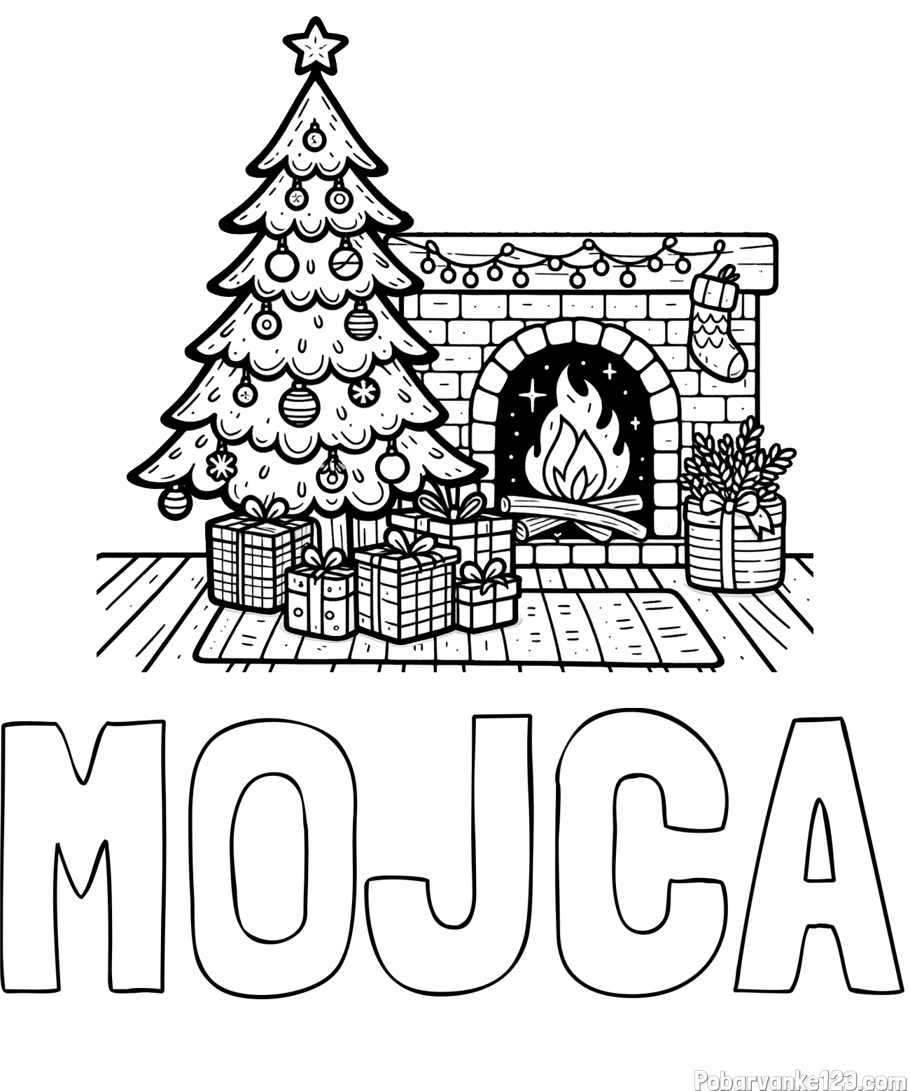 Pobarvanka imena MOJCA in pobarvanka božične noči z božično smrečico, darili ter kaminom