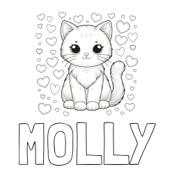 Online izdelana pobarvanka - Pobarvanka imena MOLLY in pobarvanka ljubke mucke obdane s srčki