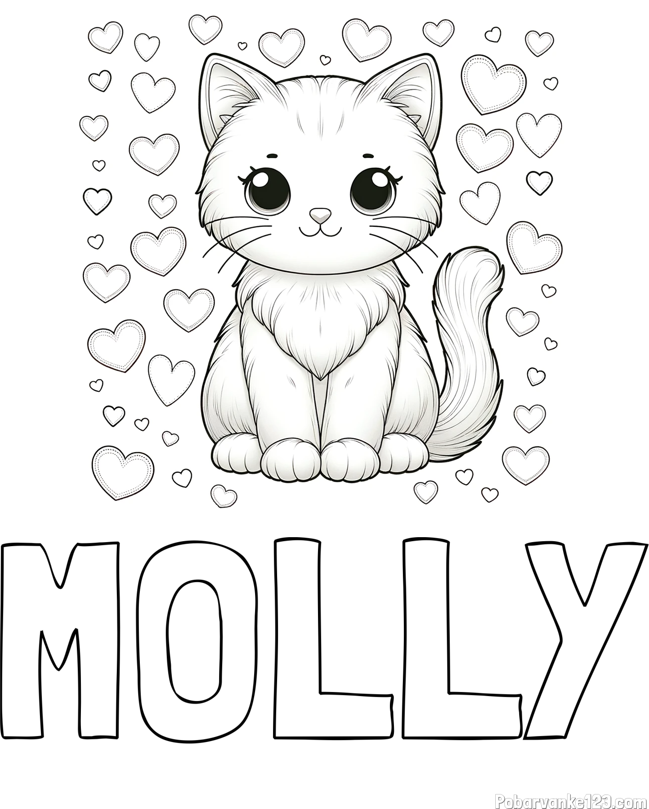 Pobarvanka imena MOLLY in pobarvanka ljubke mucke obdane s srčki