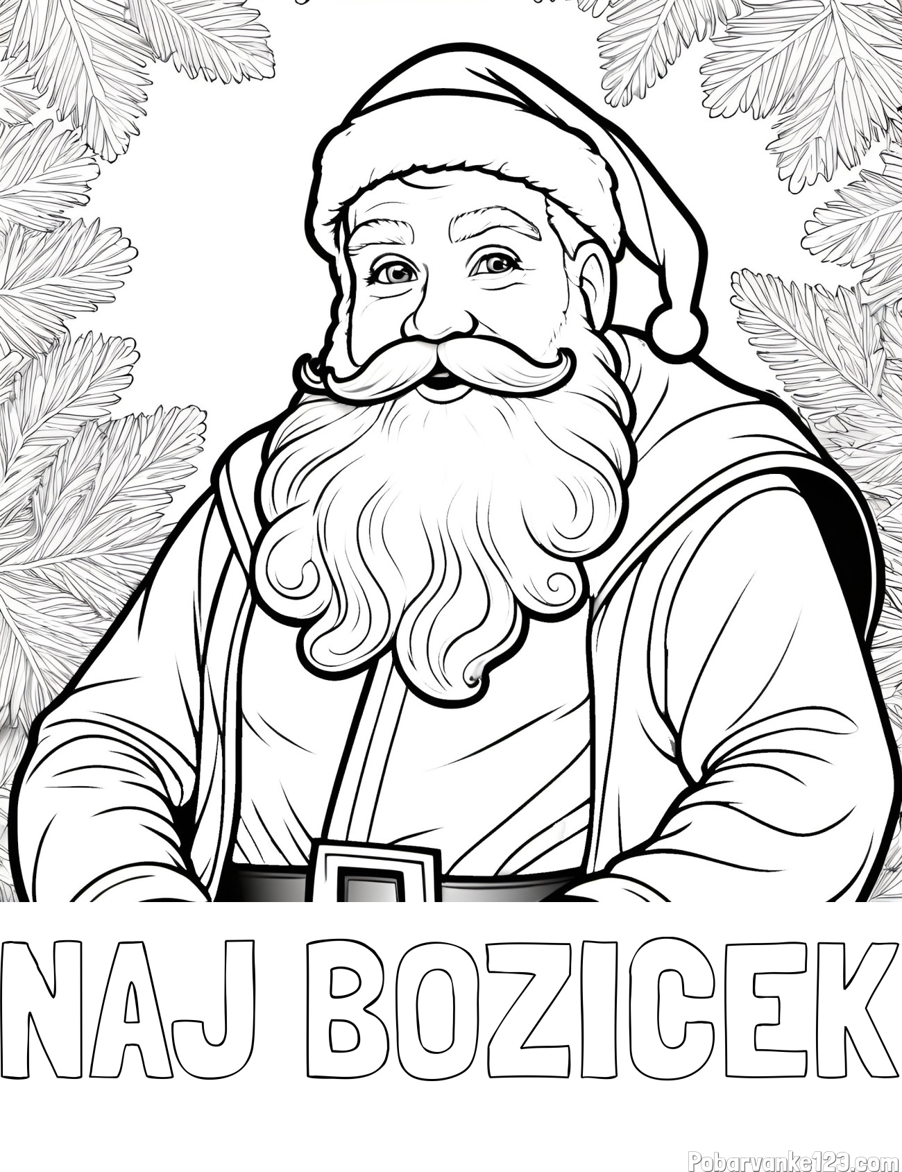 Pobarvanka imena NAJ BOŽIČEK in realistična pobarvanka božička obdanega s smrekovimi vejami