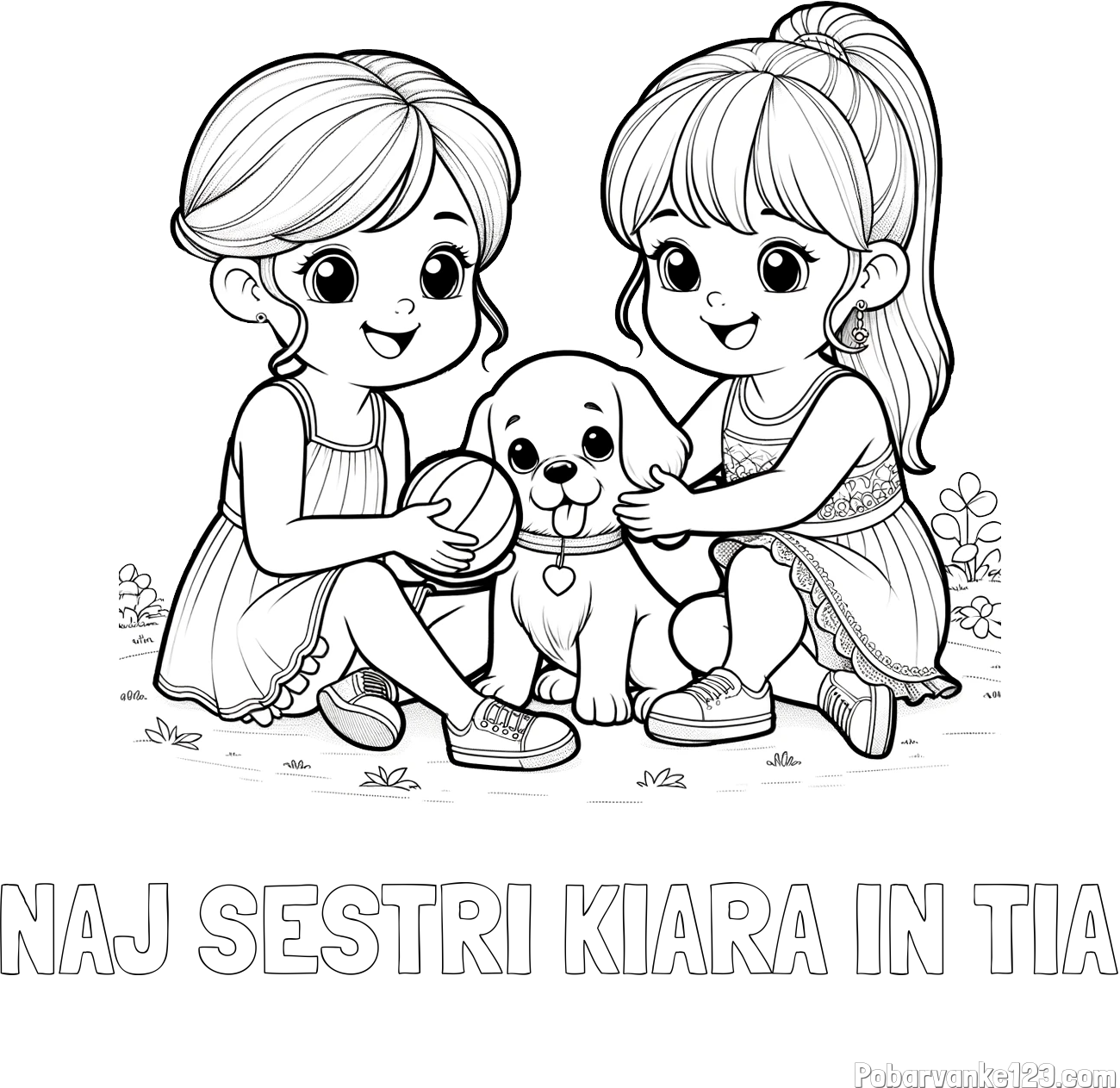 Pobarvanka imena NAJ SESTRI KIARA IN TIA in pobarvanka prijateljic s kužkom