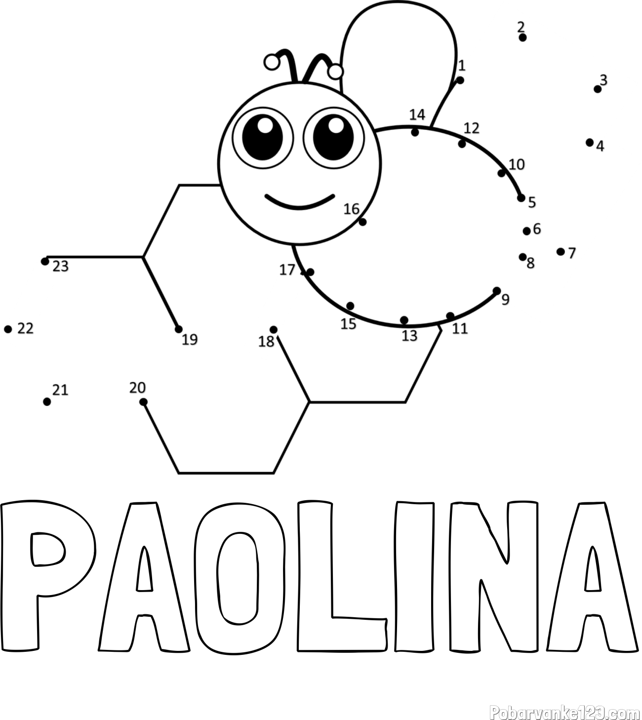 Pobarvanka imena PAOLINA in pobarvanka čebelice in satja - poveži številke