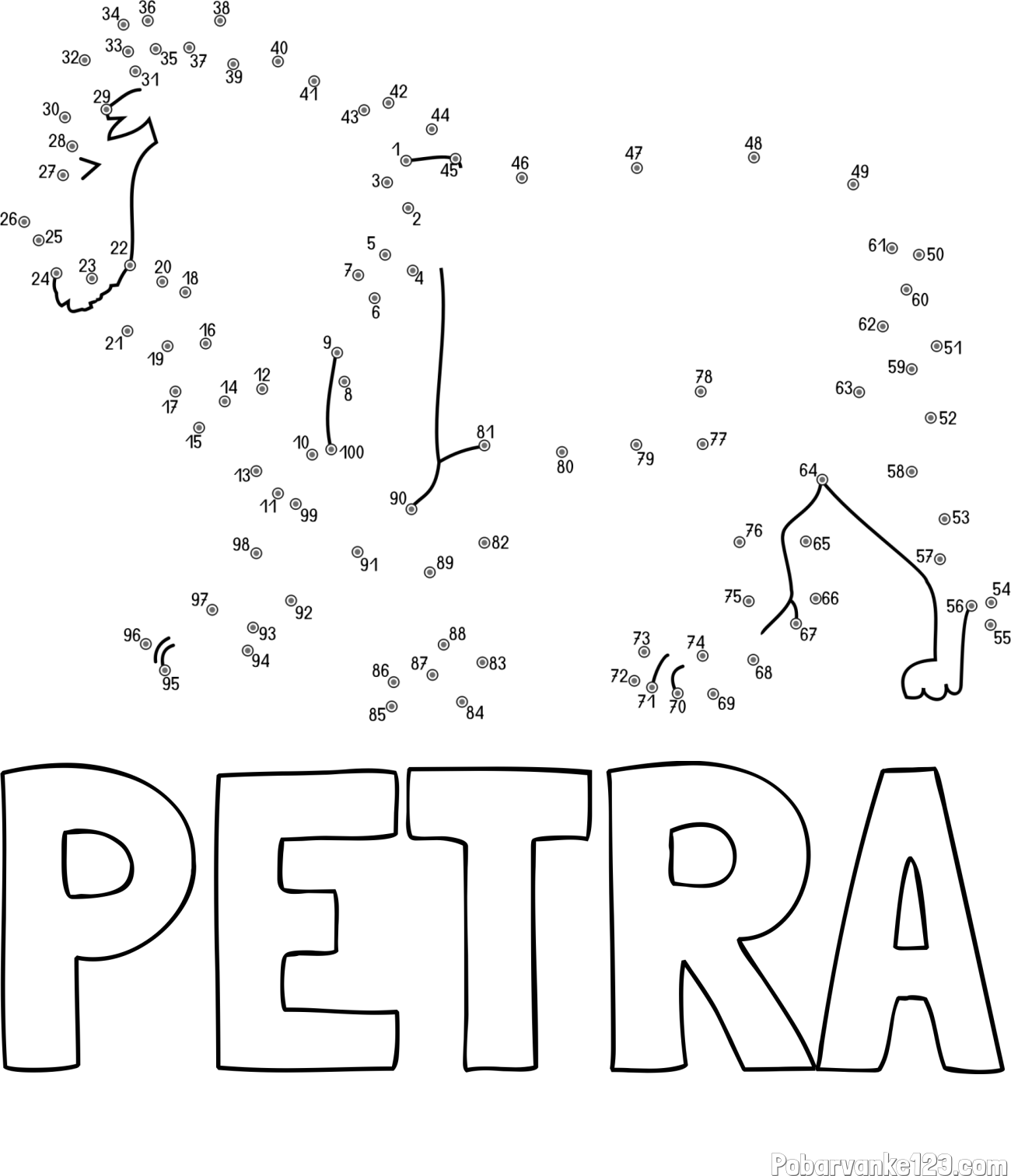 Pobarvanka imena PETRA in pobarvanka leva - poveži številke