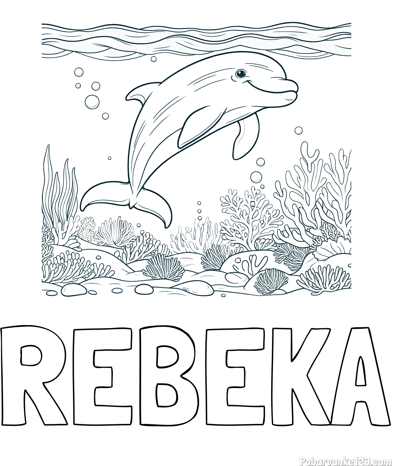 Pobarvanka imena REBEKA in pobarvanka ljubkega delfina med plavanjem v morju