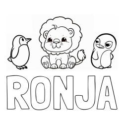 Online izdelana pobarvanka - Pobarvanka imena RONJA in pobarvanka prikupnega levčka in dveh hudomušnih pingvinčkov