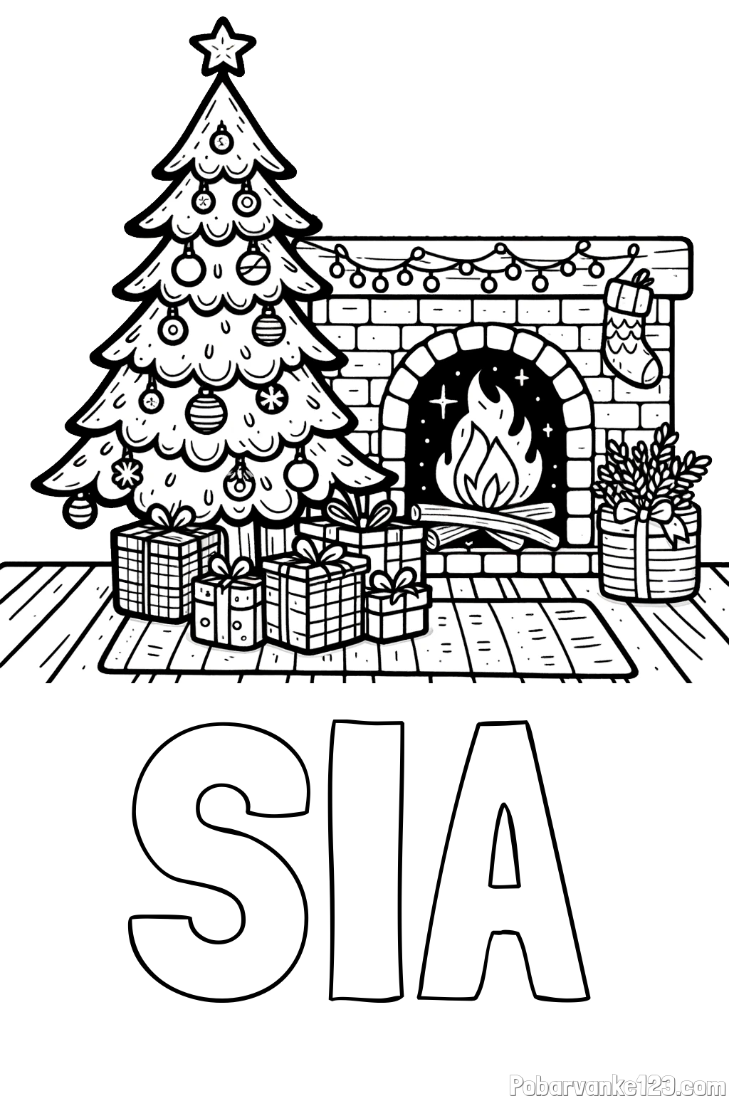 Pobarvanka imena SIA in pobarvanka božične noči z božično smrečico, darili ter kaminom