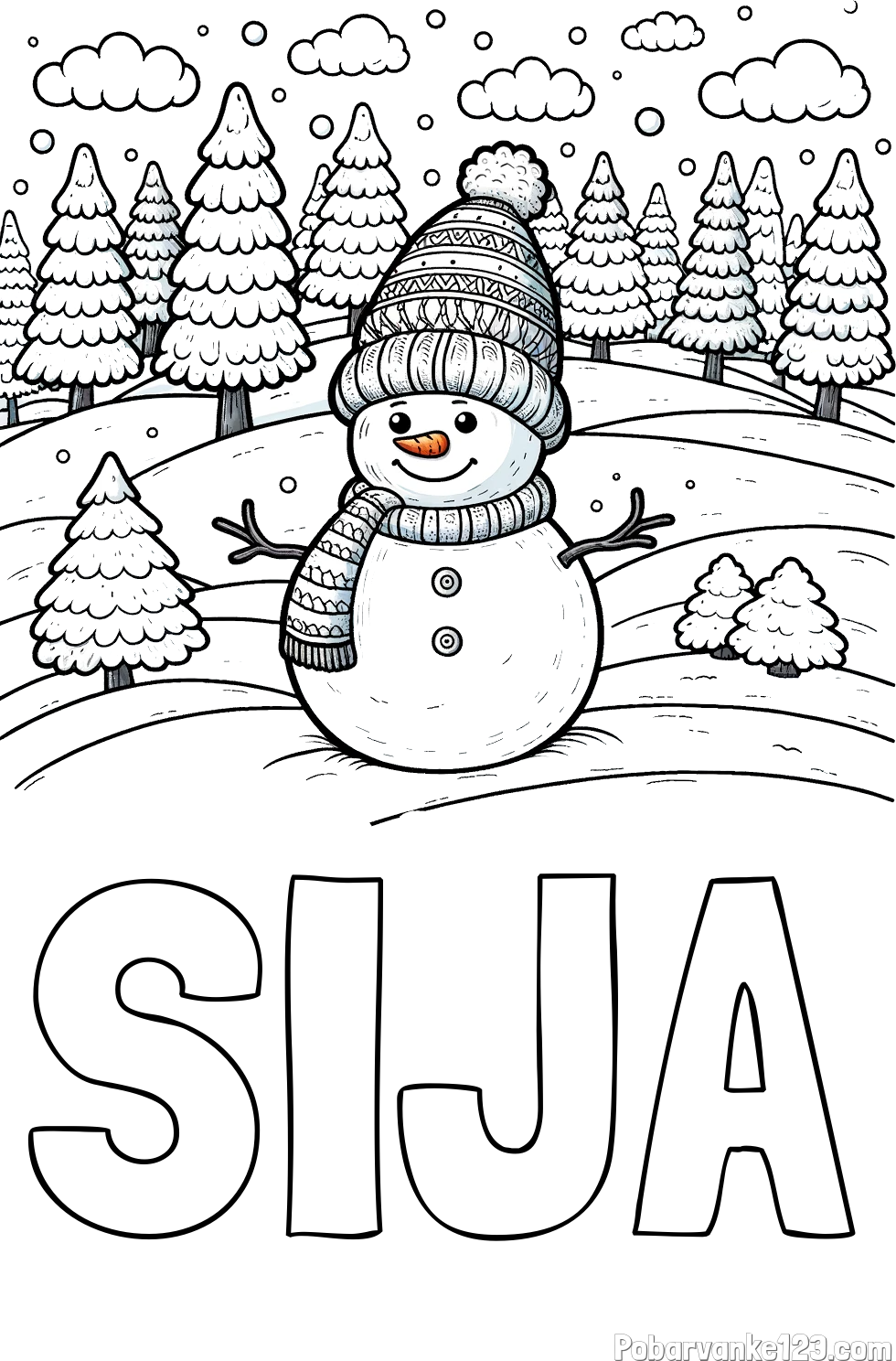 Pobarvanka imena SIJA in pobarvanka snežaka v naravi obdanega z zasneženimi smrekami