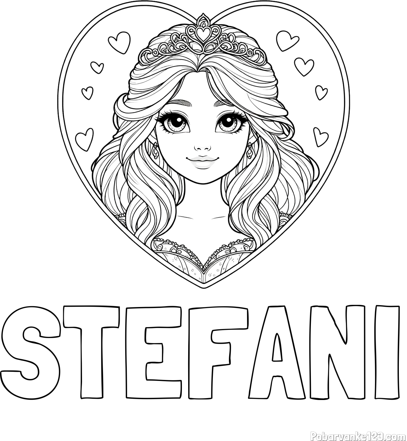 Pobarvanka imena STEFANI in pobarvanka princeske ter srčkov