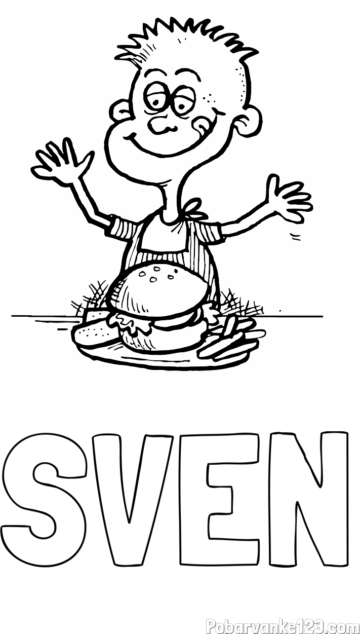 Pobarvanka imena SVEN in pobarvanka otroka, ki je slastni hamburger z ocvrtim krompirčkom