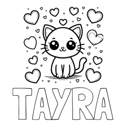 Online izdelana pobarvanka - Pobarvanka imena TAYRA in pobarvanka ljubke mucke obdane z veliko srčki