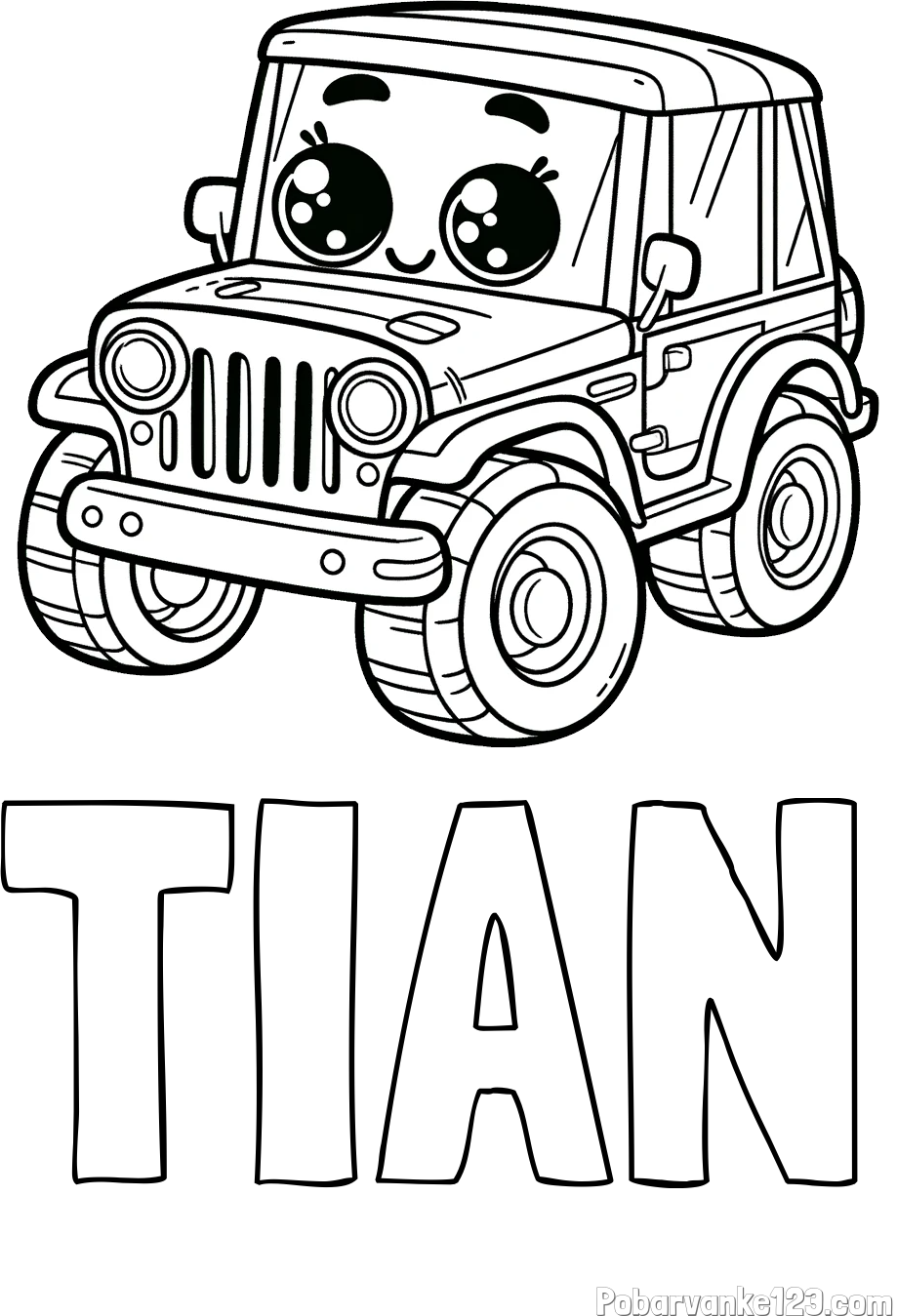 Pobarvanka imena TIAN in otroška pobarvanka nasmejanega jeep-a