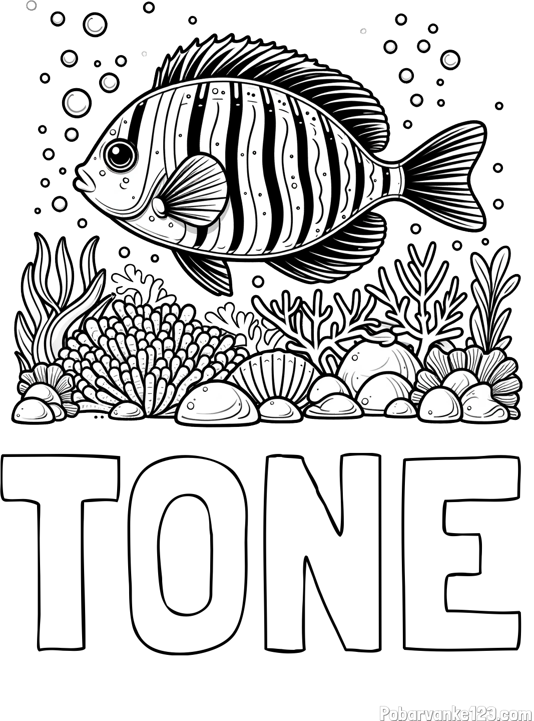 Pobarvanka imena TONE in pobarvanka ribe v morju med koralami