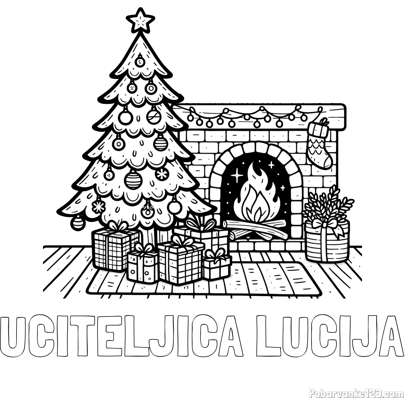 Pobarvanka imena UČITELJICA LUCIJA in pobarvanka božične noči z božično smrečico, darili ter kaminom