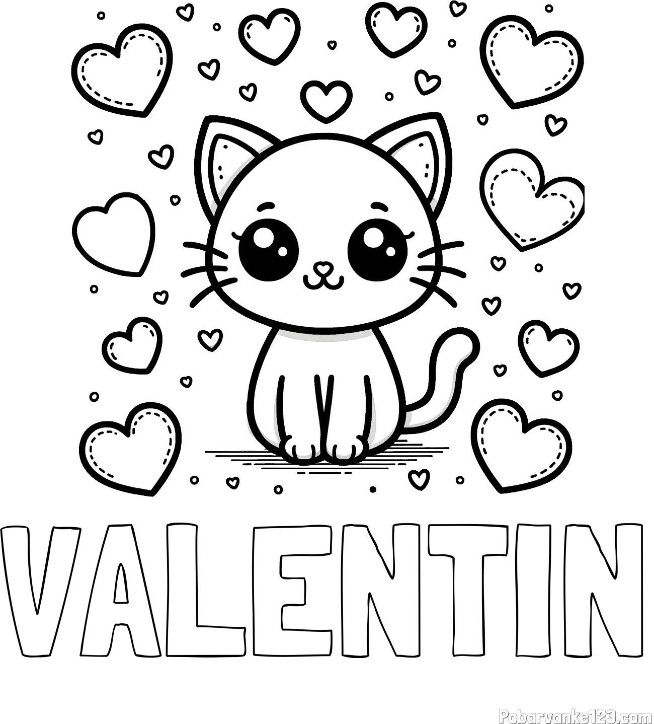 Pobarvanka imena VALENTIN in pobarvanka ljubke mucke obdane z veliko srčki