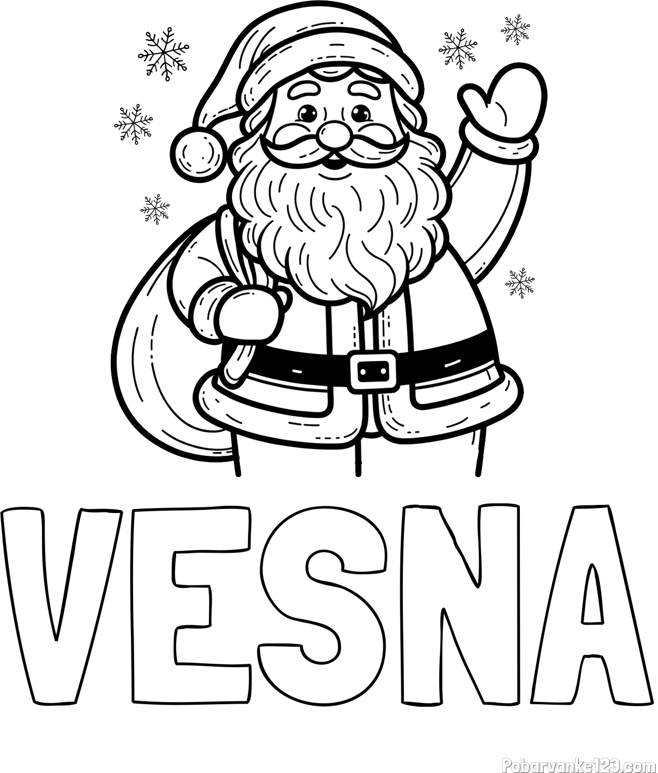 Pobarvanka imena VESNA in pobarvanka nasmejanega Božička s polno vrečo daril