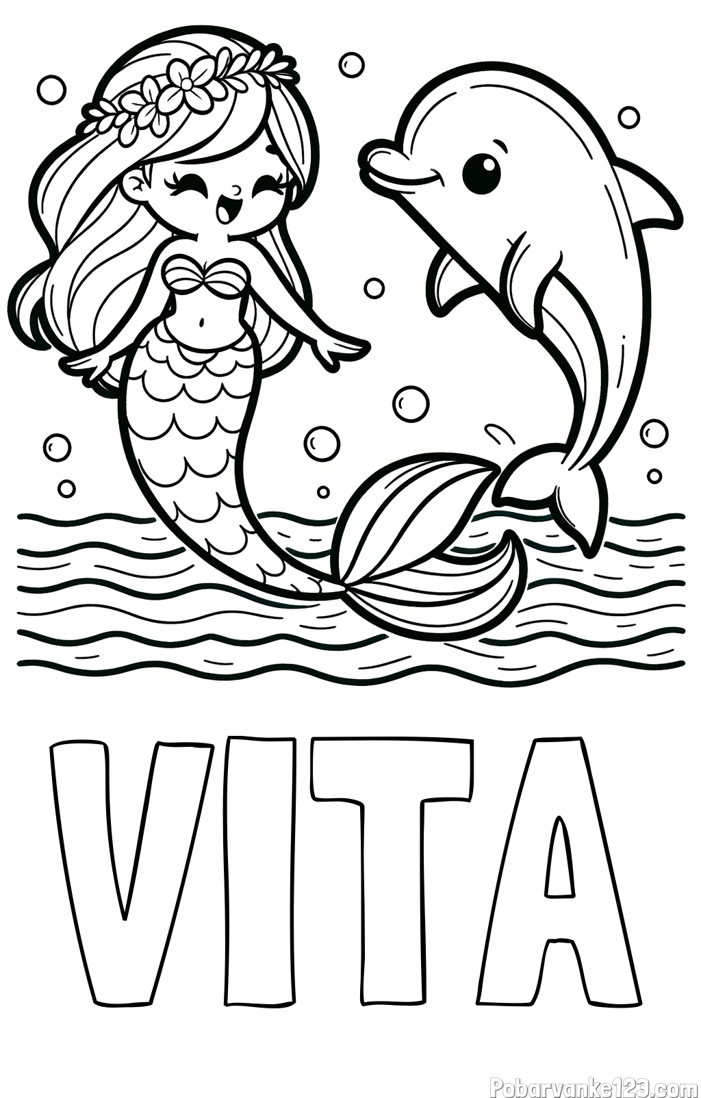Pobarvanka imena VITA in pobarvanka ljubke morske deklice, ki pleše z delfinom
