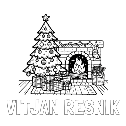 Online izdelana pobarvanka - Pobarvanka imena VITJAN RESNIK in pobarvanka božične noči z božično smrečico, darili ter kaminom