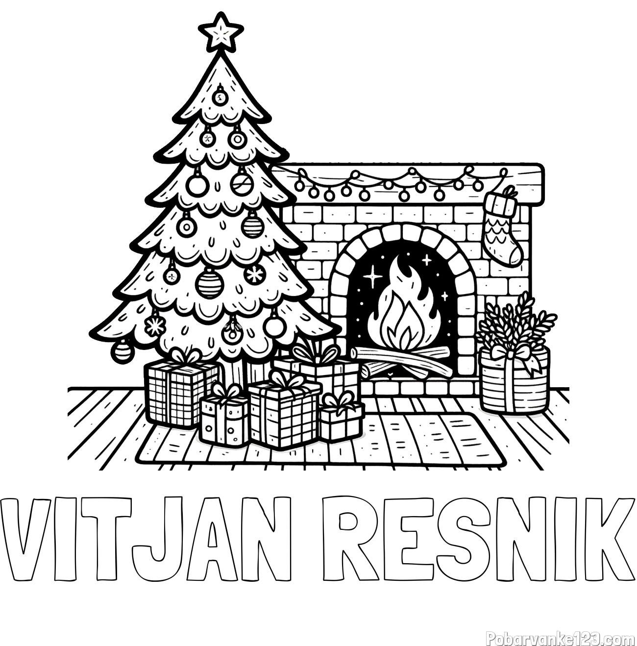 Pobarvanka imena VITJAN RESNIK in pobarvanka božične noči z božično smrečico, darili ter kaminom