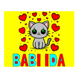 Pobarvana pobarvanka - Pobarvanka imena BABI IDA in pobarvanka ljubke mucke obdane z veliko srčki