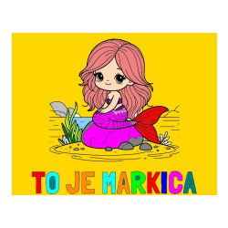 Pobarvana pobarvanka - Pobarvanka imena TO JE MARKICA in pobarvanka prikupne morske deklice, ki sedi na kamnu ob obali