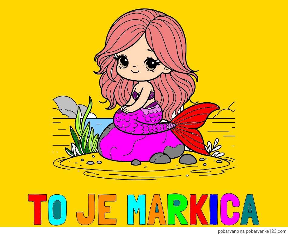 POBARVANA POBARVANKA - Pobarvanka imena TO JE MARKICA in pobarvanka prikupne morske deklice, ki sedi na kamnu ob obali