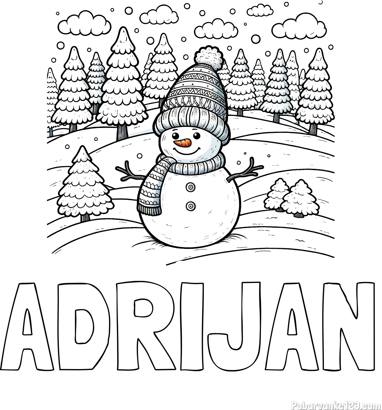 Pobarvanka imena ADRIJAN in pobarvanka snežaka v naravi obdanega z zasneženimi smrekami