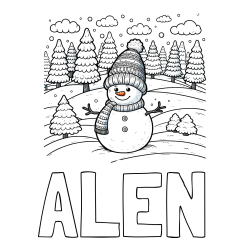 Online izdelana pobarvanka - Pobarvanka imena ALEN in pobarvanka snežaka v naravi obdanega z zasneženimi smrekami