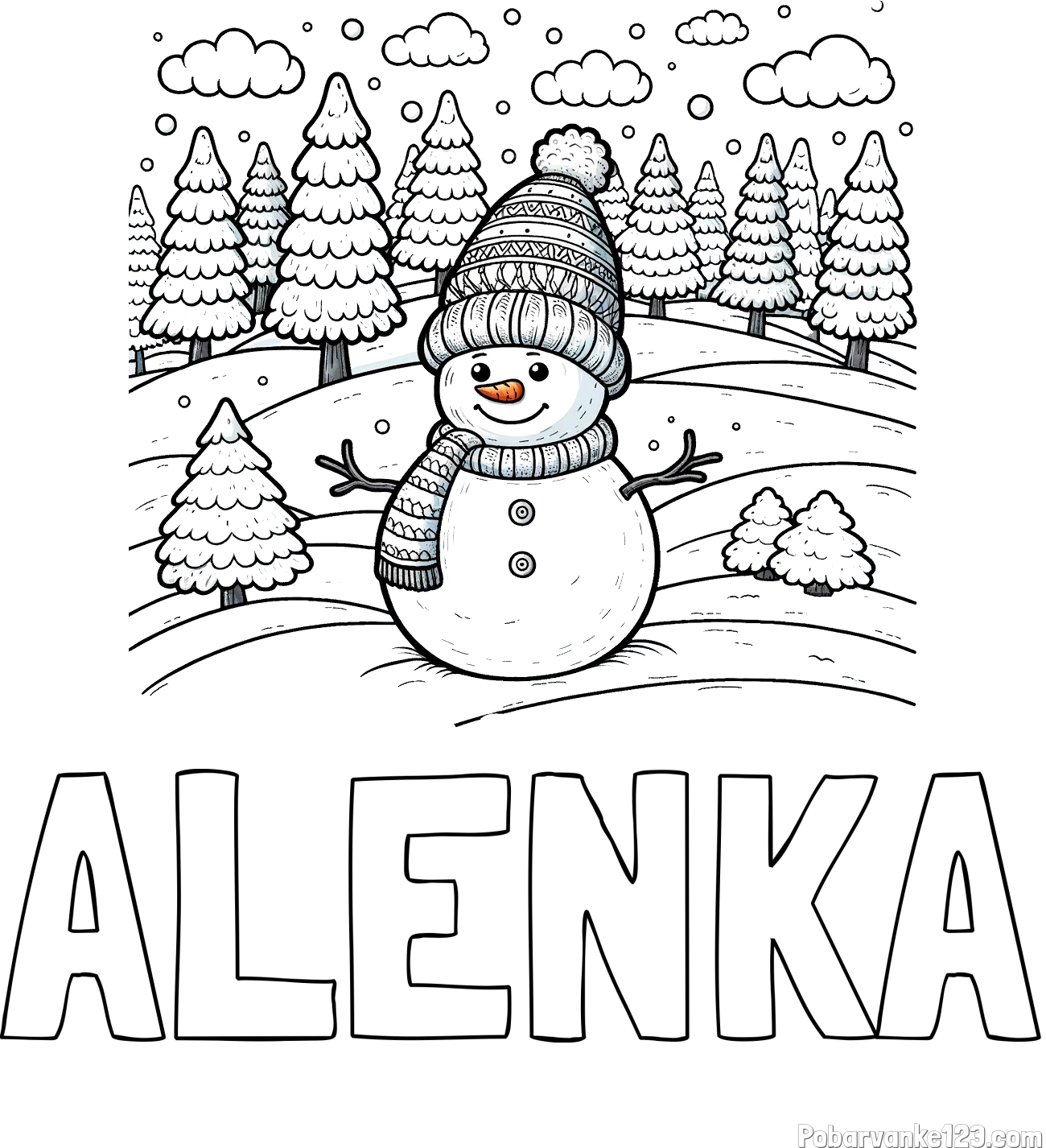 Pobarvanka imena ALENKA in pobarvanka snežaka v naravi obdanega z zasneženimi smrekami