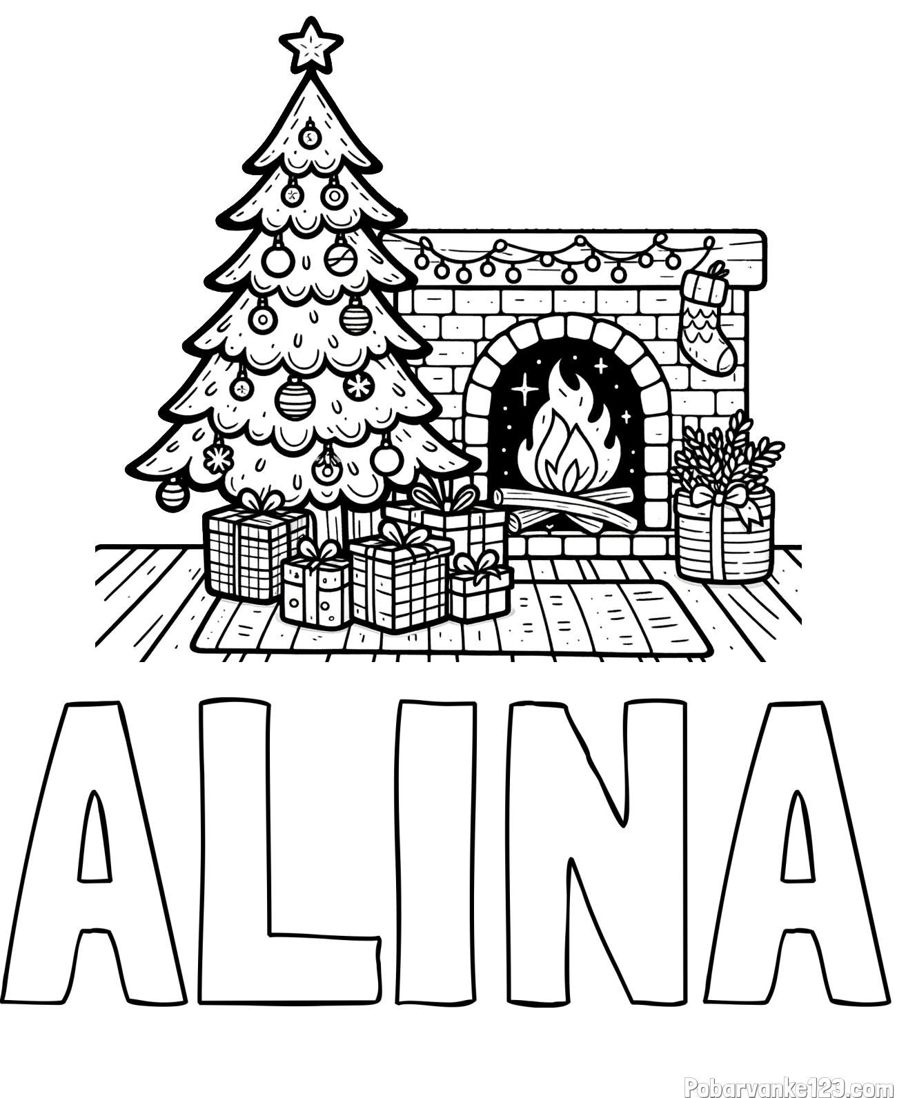 Pobarvanka imena ALINA in pobarvanka božične noči z božično smrečico, darili ter kaminom