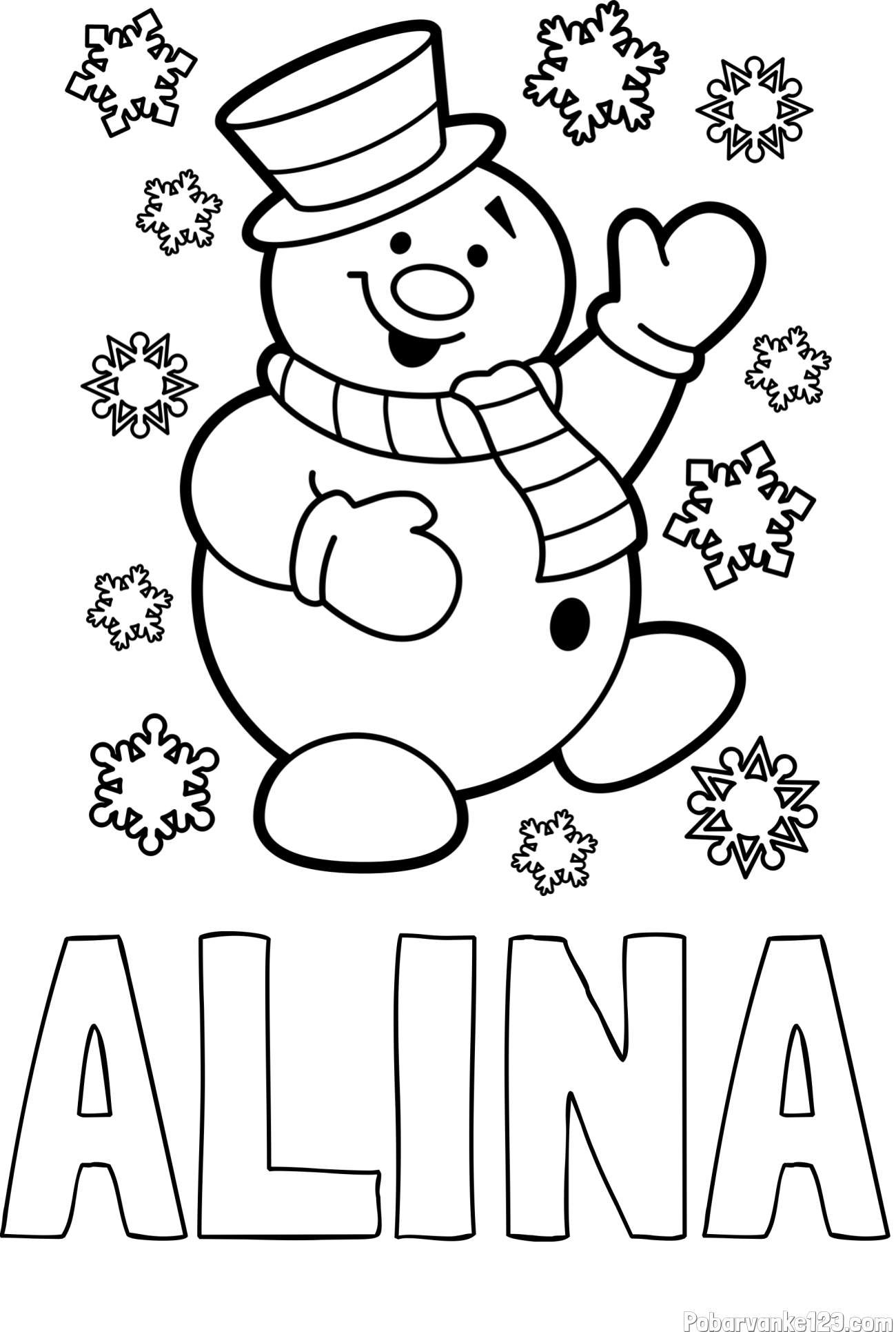 Pobarvanka imena ALINA in pobarvanka veselega snežaka