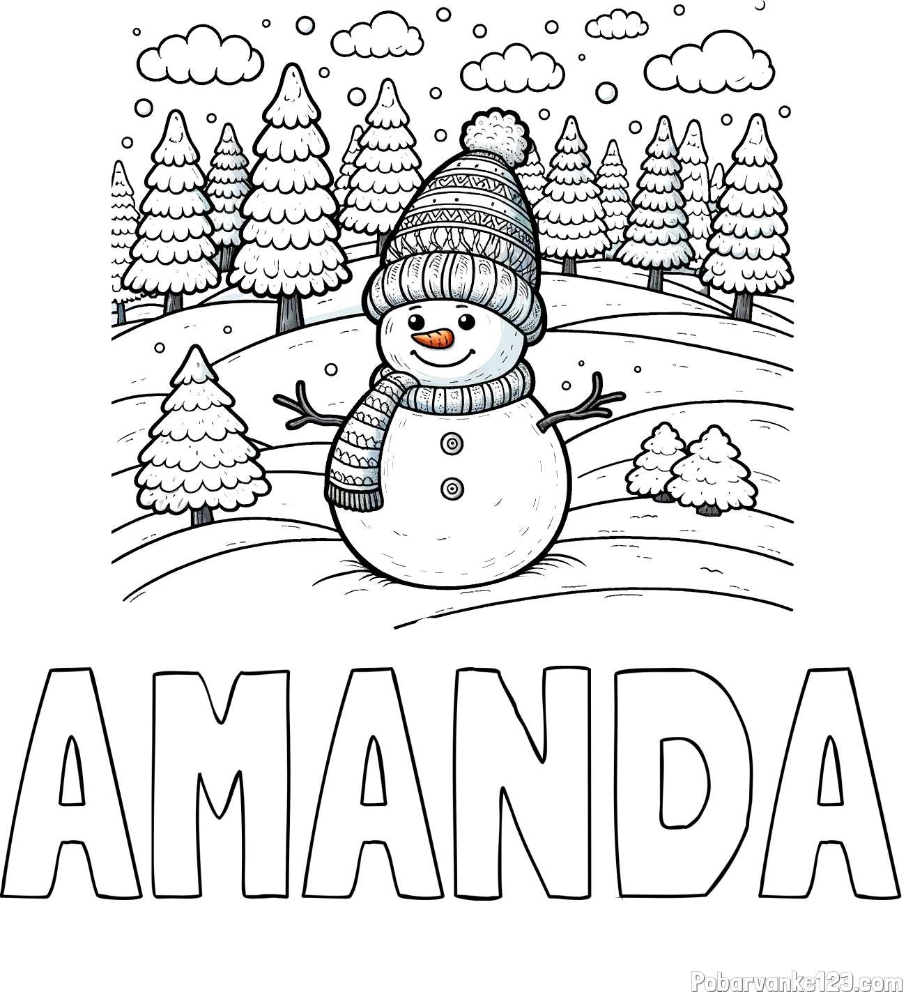 Pobarvanka imena AMANDA in pobarvanka snežaka v naravi obdanega z zasneženimi smrekami